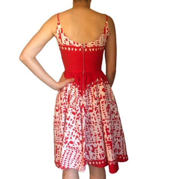 Vintage 50s Kamehameha Hawaii Tropical Red White Fit and Flare Print Sundress - Picture 4 of 12